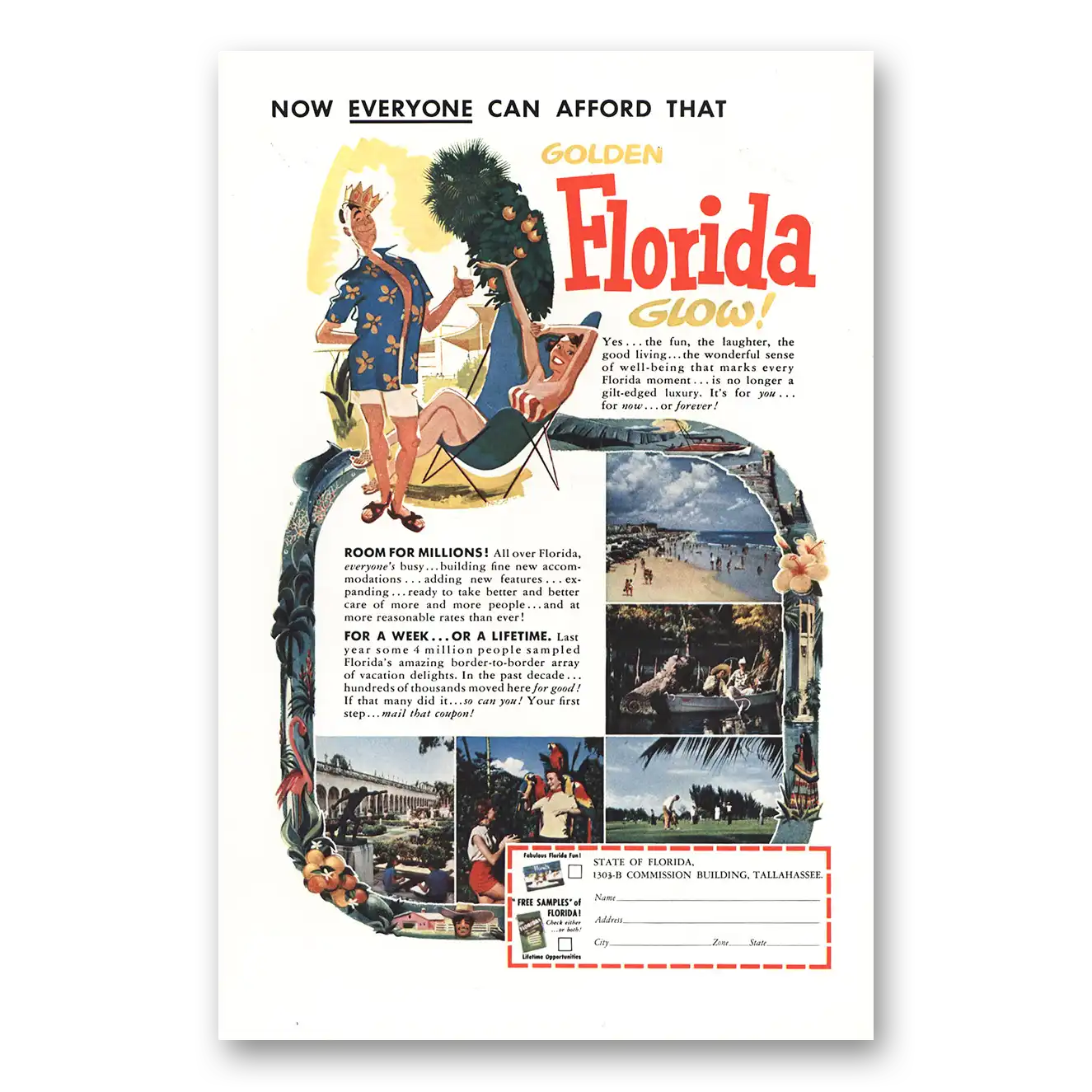 1953 Florida Everyone Can Afford Golden Florida Glow Vintage Magazine Print Ad