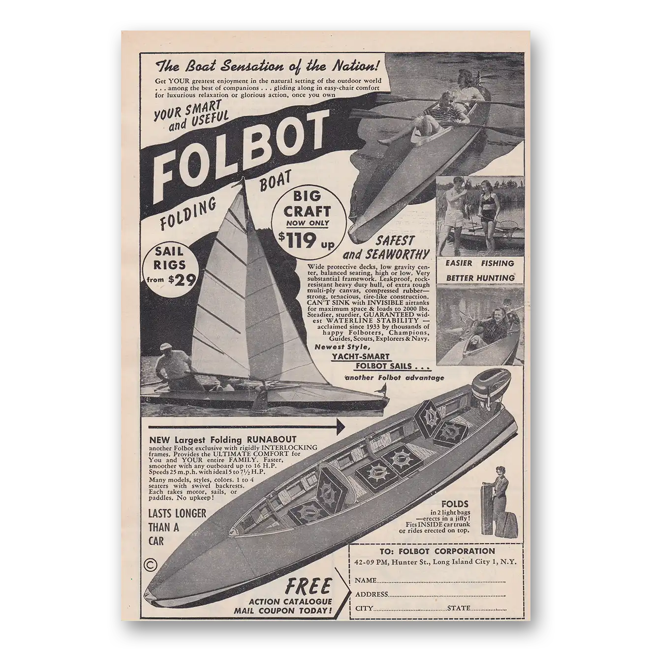 1953 Folbot Boat Sensation of the Nation Vintage Magazine Print Ad