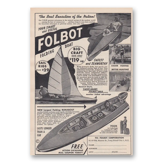 1953 Folbot Boat Sensation of the Nation Vintage Magazine Print Ad