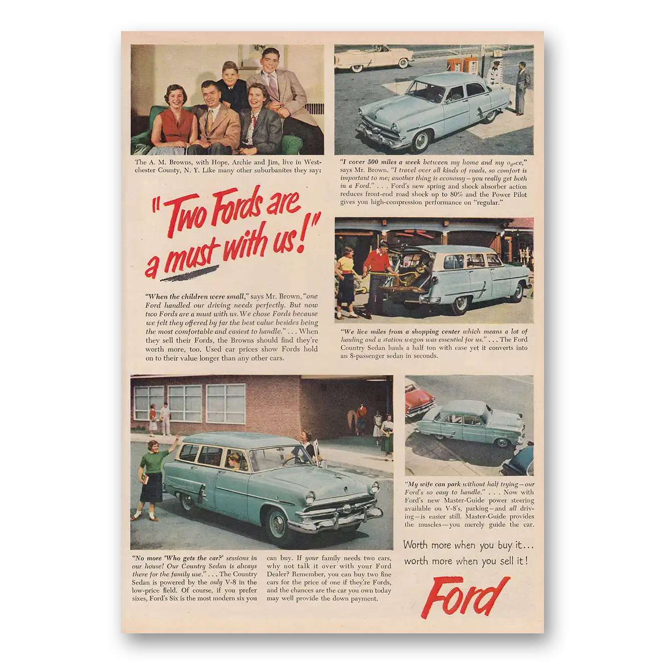 1953 Ford Country Sedan Two Fords Are a Must With Us Vintage Magazine Print Ad