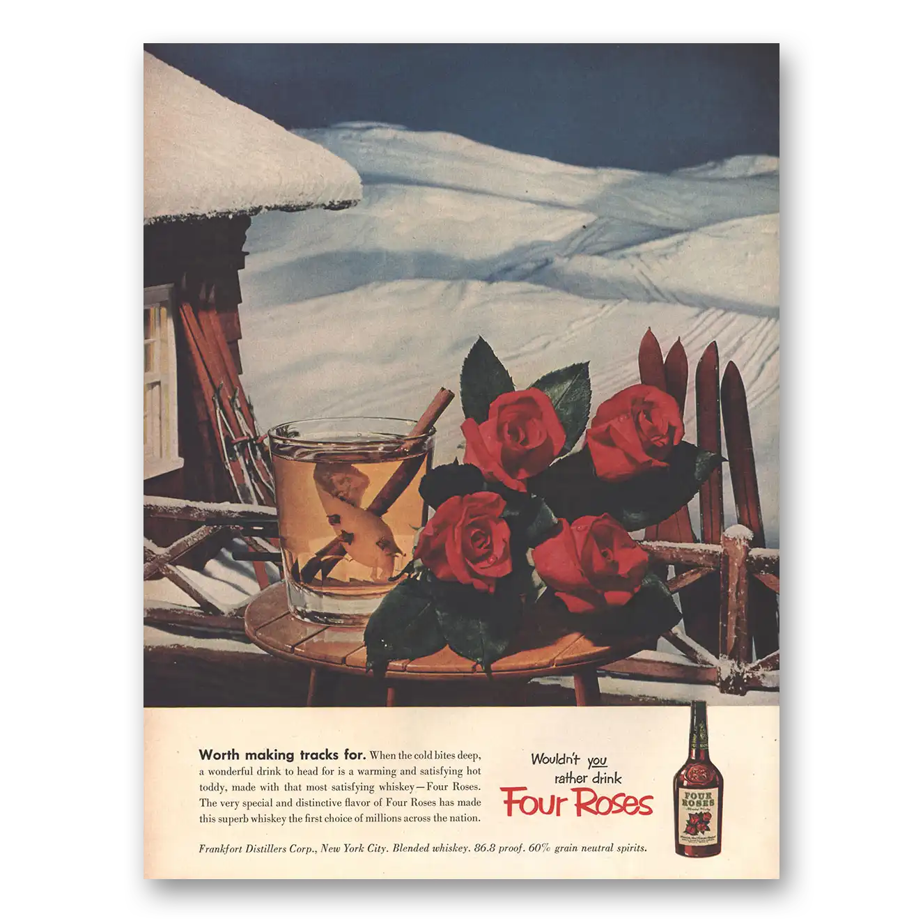 1953 Four Roses Worth Making Tracks For Vintage Magazine Print Ad