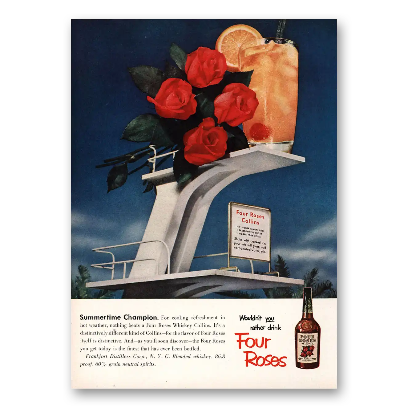 1953 Four Roses Summertime Champion Diving Platform Vintage Magazine Print Ad