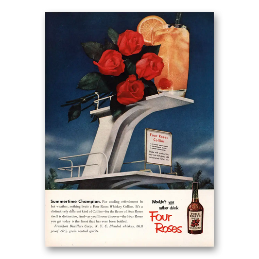 1953 Four Roses Summertime Champion Diving Platform Vintage Magazine Print Ad