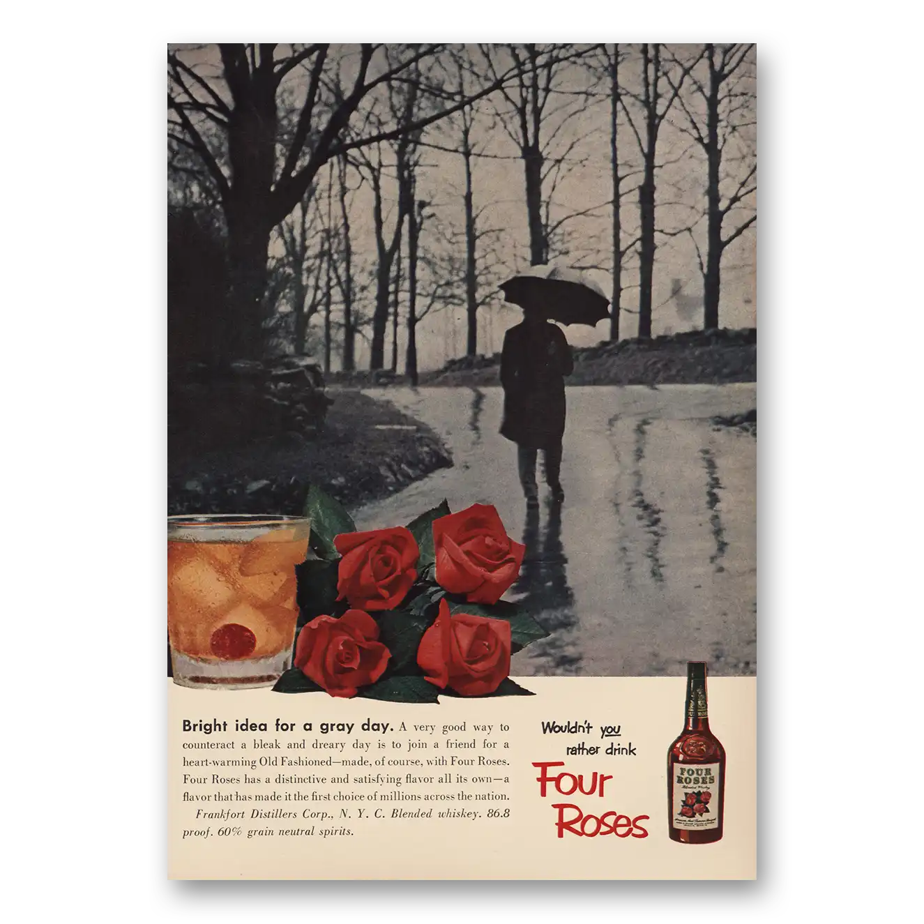 1953 Four Roses Bright Idea Gray Day Vintage Magazine Print Ad