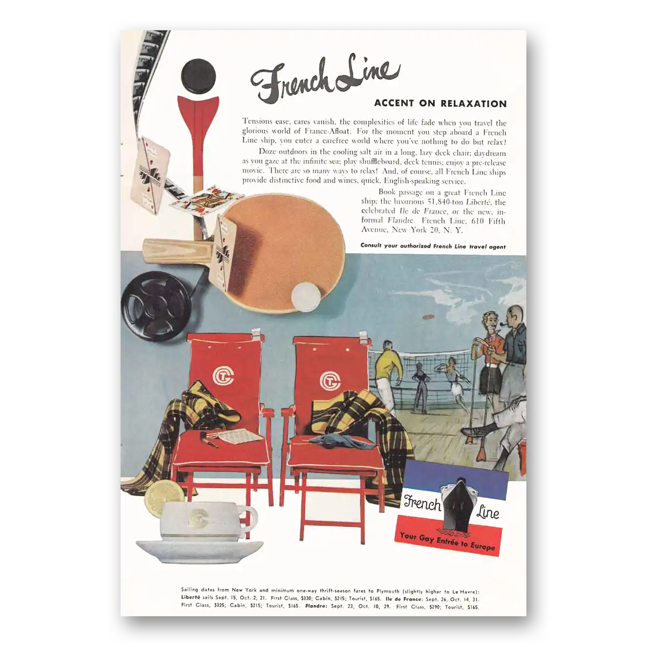 1953 French Line Accent on Relaxation Vintage Magazine Print Ad