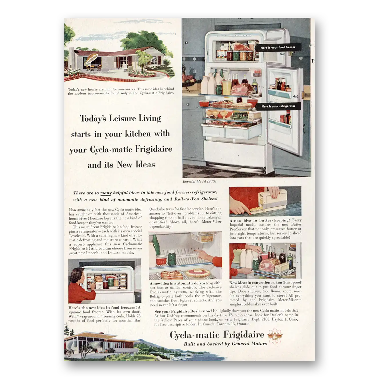 1953 Frigidaire Refrigerator Cycla Matic Frigidaire Leisure Living Vintage Magazine Print Ad