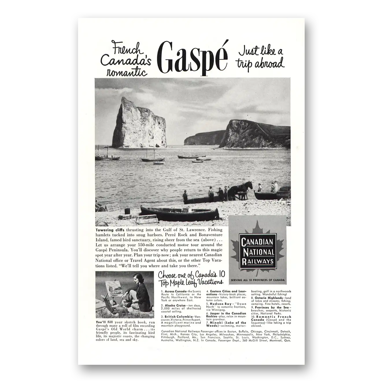 1953 Canadian National Railways Gaspe Vintage Magazine Print Ad