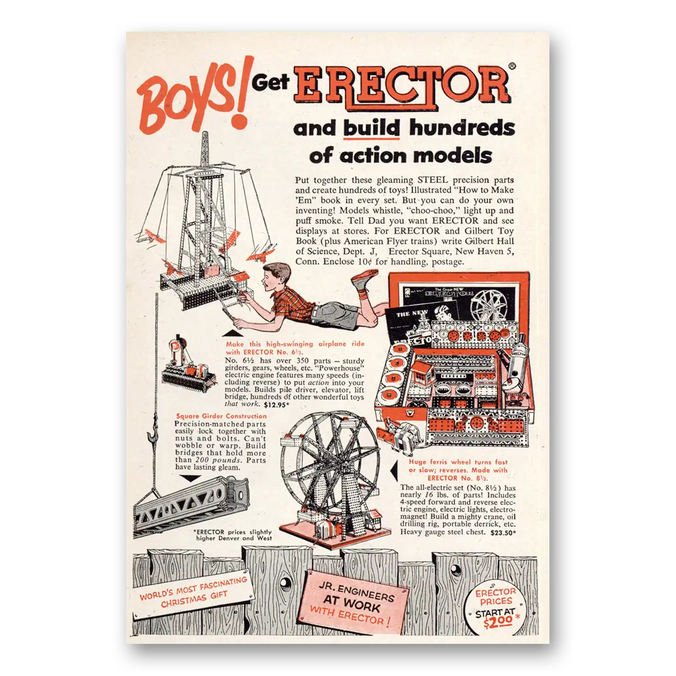 1953 Gilbert Hall of Science Boys Get Erector and Build Hundreds Vintage Magazine Print Ad