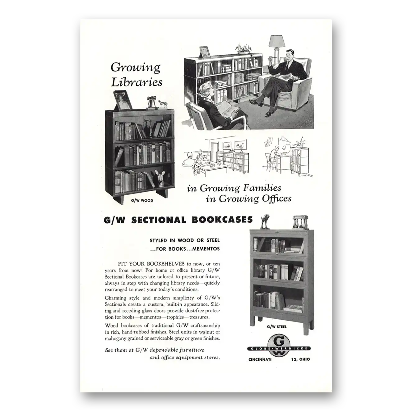 1953 Globe Wernicke Growing Libraries Bookcases Vintage Magazine Print Ad