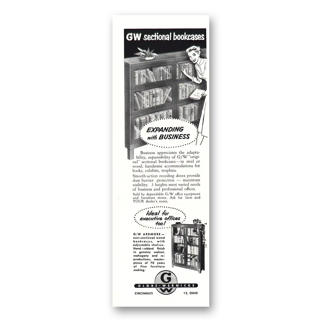 1953 Globe Wernicke GW Sectional Bookcases Vintage Magazine Print Ad