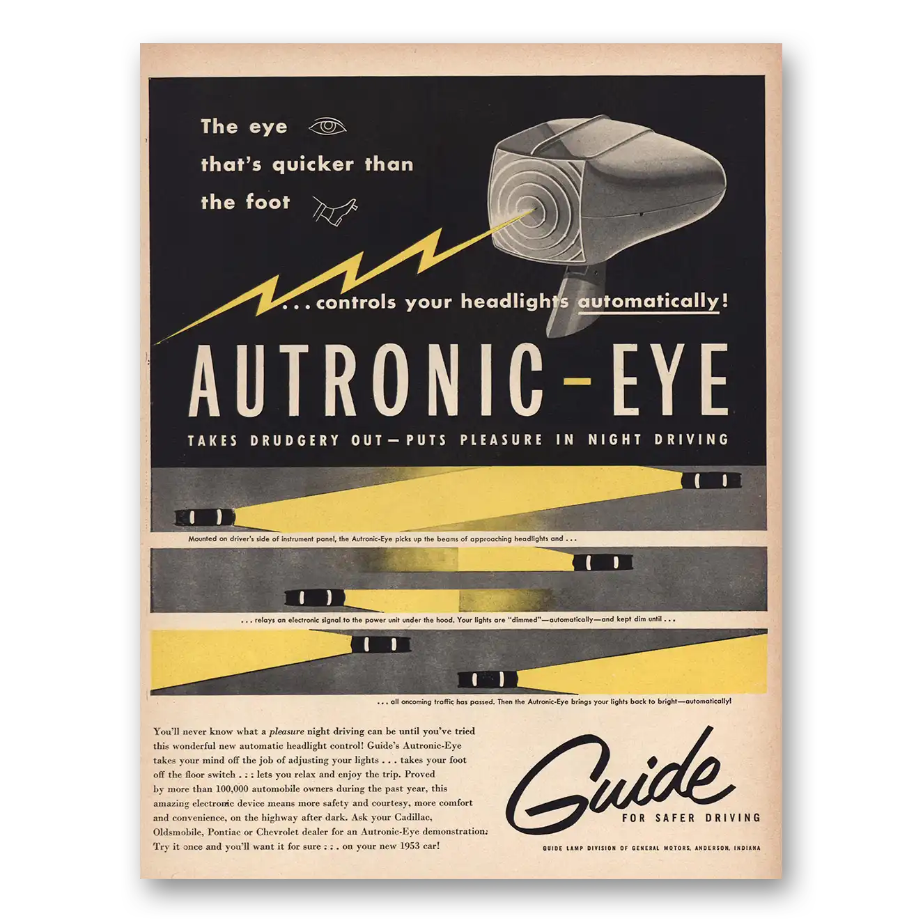 1953 General Motors Guide Lamp Autronic Eye Vintage Magazine Print Ad