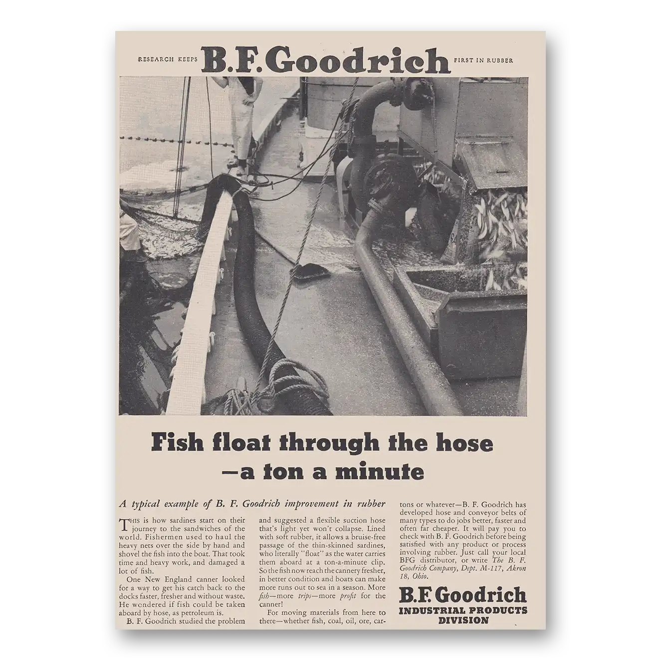 1953 B F Goodrich Fish Float Through the Hose Vintage Magazine Print Ad