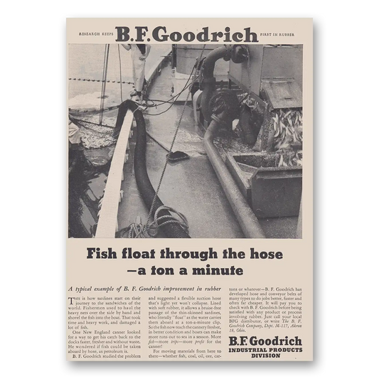 1953 B F Goodrich Fish Float Through the Hose Vintage Magazine Print Ad