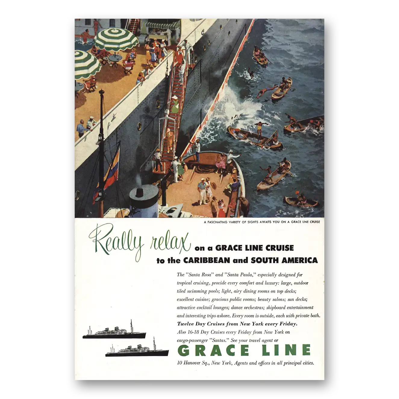 1953 Grace Line Really Relax Vintage Magazine Print Ad