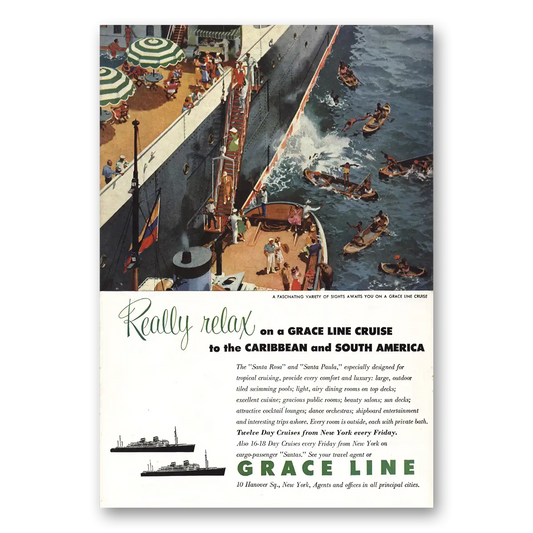 1953 Grace Line Really Relax Vintage Magazine Print Ad