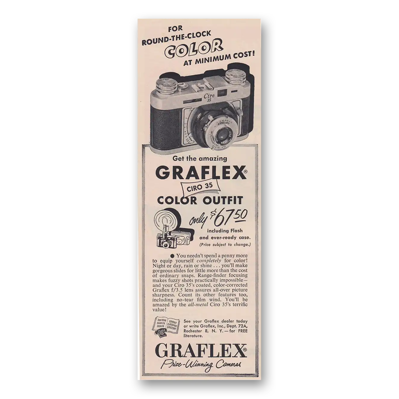 1953 Graflex Cameras Ciro 35 Round the Clock Color Vintage Magazine Print Ad