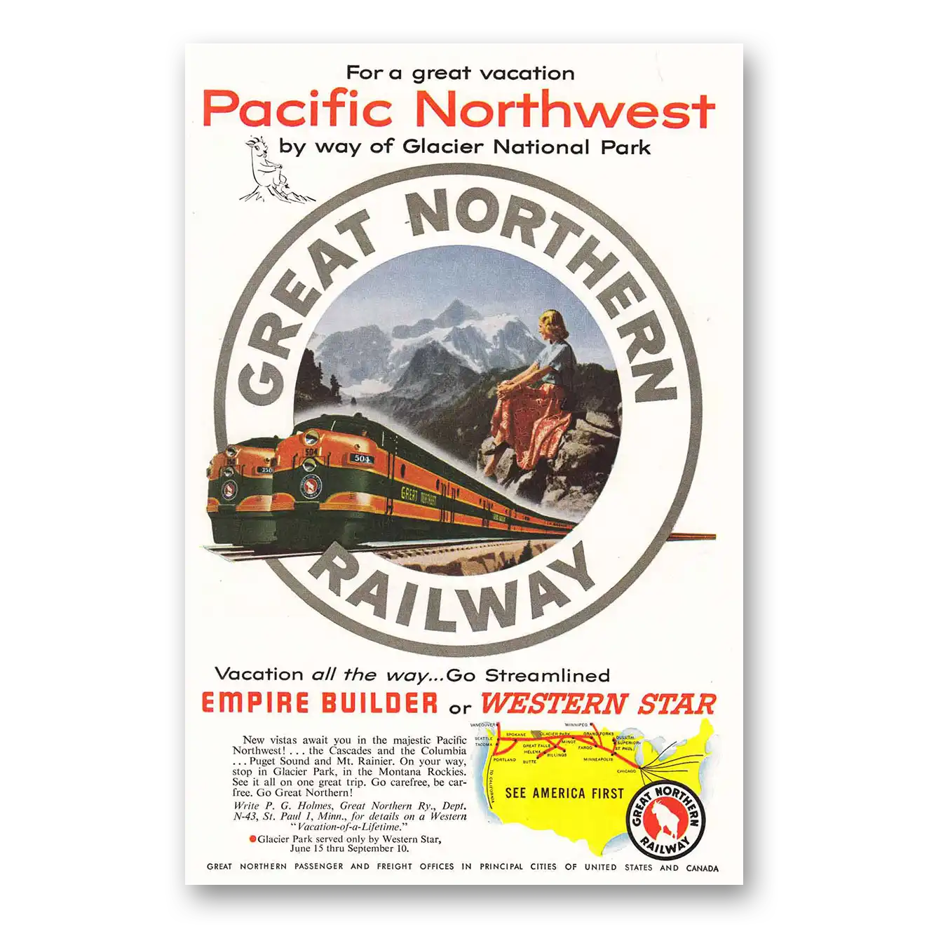 1953 Great Northern Railway Glacier Park and the Pacific Northwest Vintage Magazine Print Ad