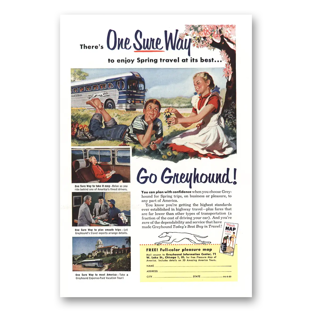 1953 Greyhound Enjoy Spring Travel Vintage Magazine Print Ad