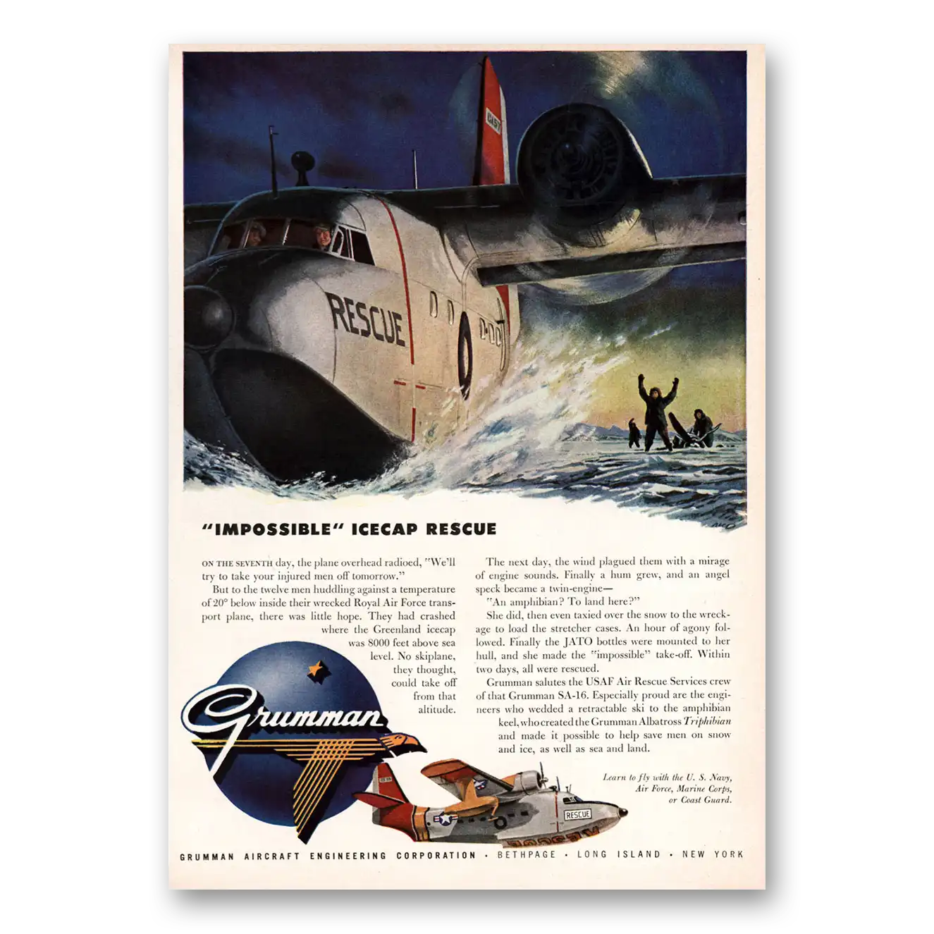 1953 Grumman Impossible Icecap Rescue Vintage Magazine Print Ad