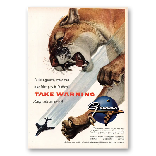 1953 Grumman Prey to Panthers Take Warning Vintage Magazine Print Ad