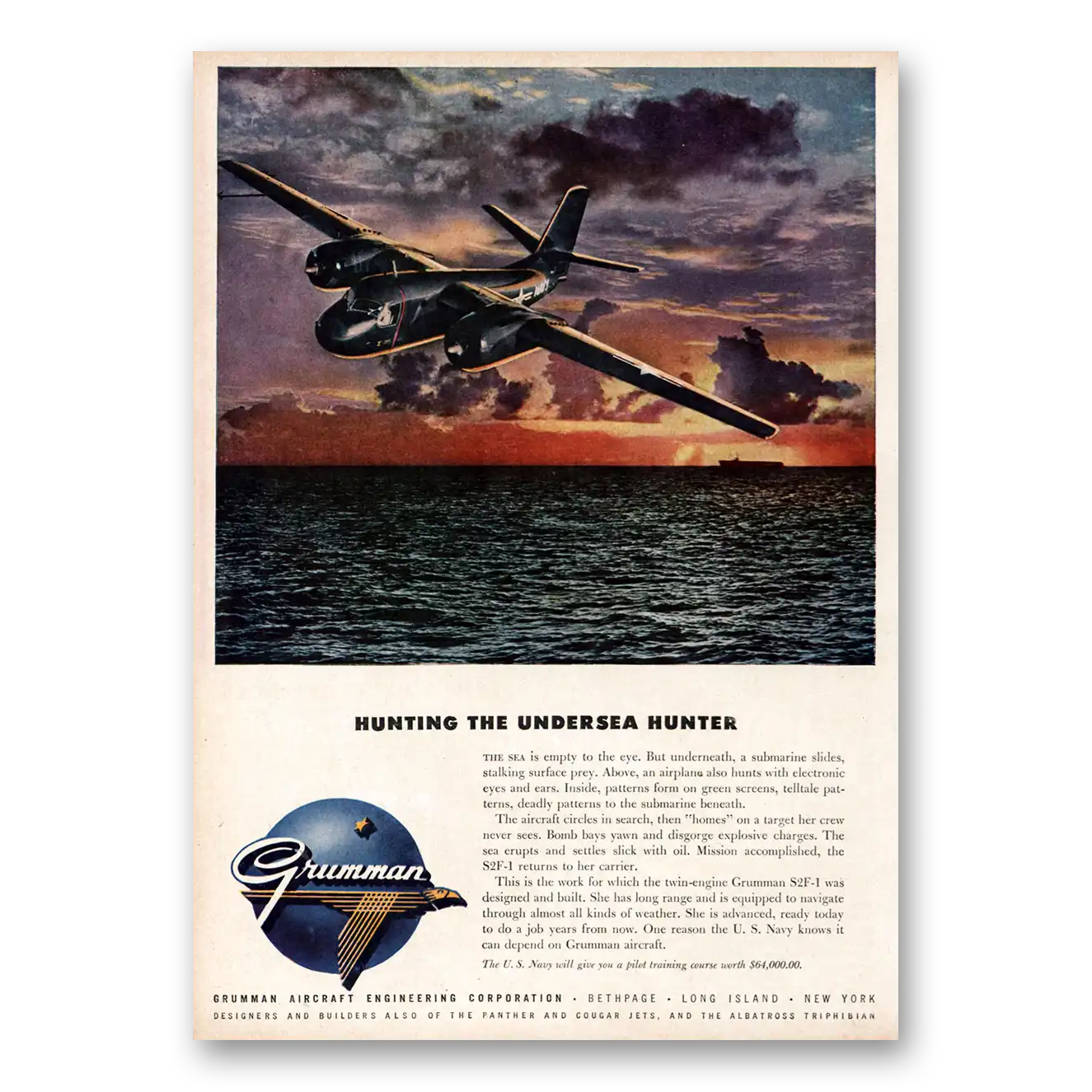 1953 Grumman Hunting the Undersea Hunter Vintage Magazine Print Ad