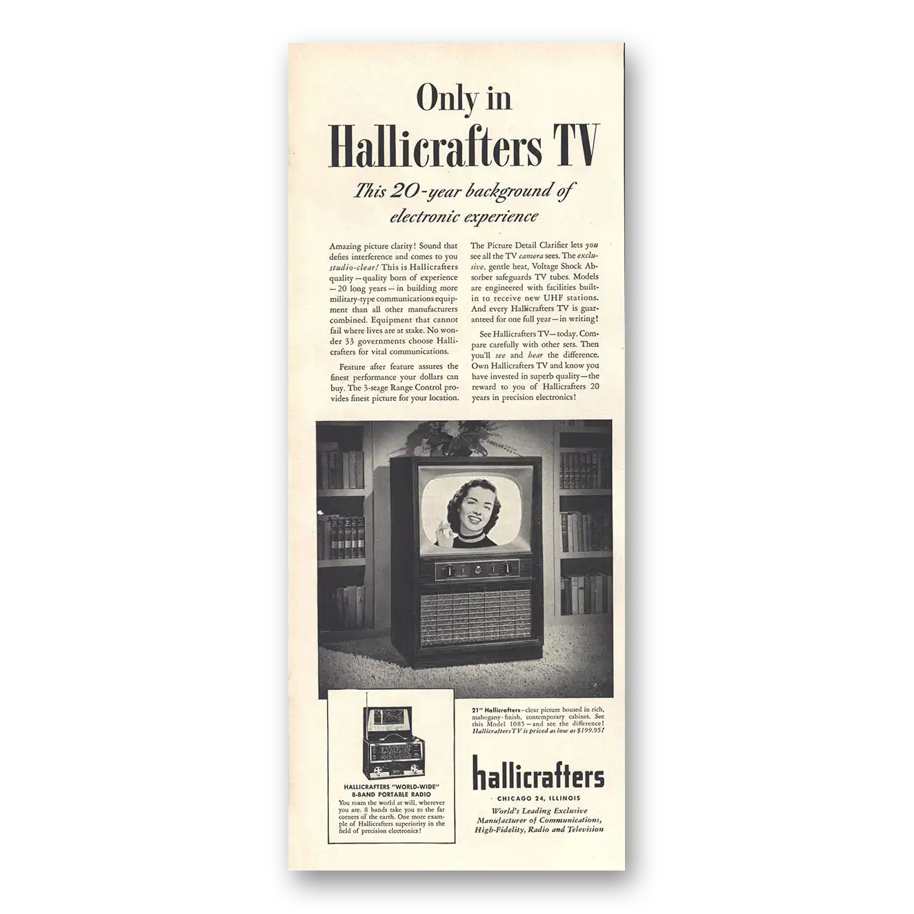 1953 Hallicrafters TV 20 Year Background of Electronic Experience Vintage Magazine Print Ad