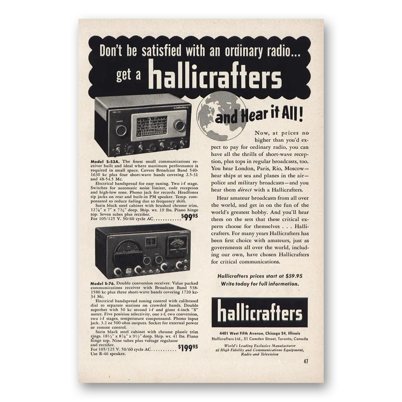 1953 Hallicrafters Hear It All Vintage Magazine Print Ad