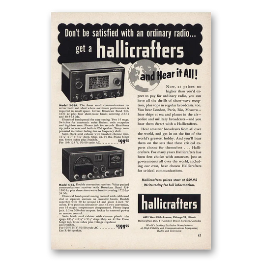 1953 Hallicrafters Hear It All Vintage Magazine Print Ad