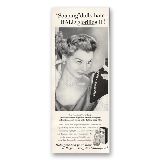 1953 Halo Shampoo Shaping Dulls Hair Halo Glorifies It Vintage Magazine Print Ad