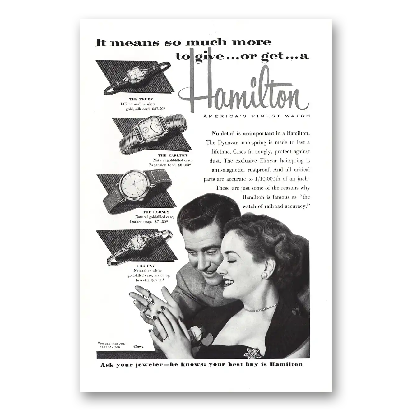 1953 Hamilton Watch Trudy Carlton Rodney Fay Vintage Magazine Print Ad