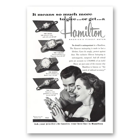 1953 Hamilton Watch Trudy Carlton Rodney Fay Vintage Magazine Print Ad