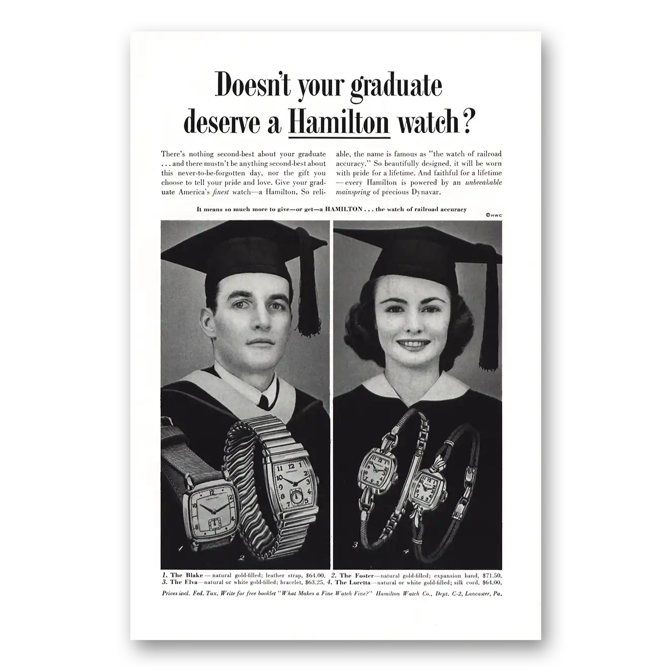 1953 Hamilton Watch Graduate Deserve Hamilton Watch Vintage Magazine Print Ad