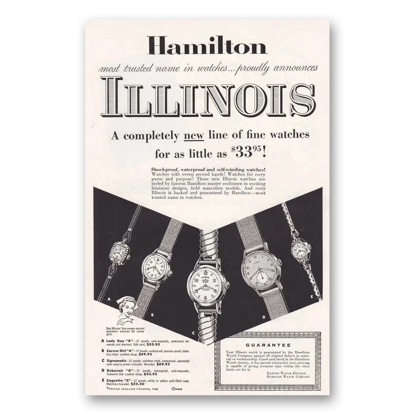 1953 Hamilton Watch Illinois New Line of Fine Watches Vintage Magazine Print Ad