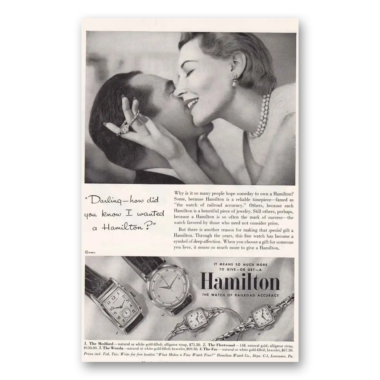 1953 Hamilton Watch Darling How Did You Know Vintage Magazine Print Ad