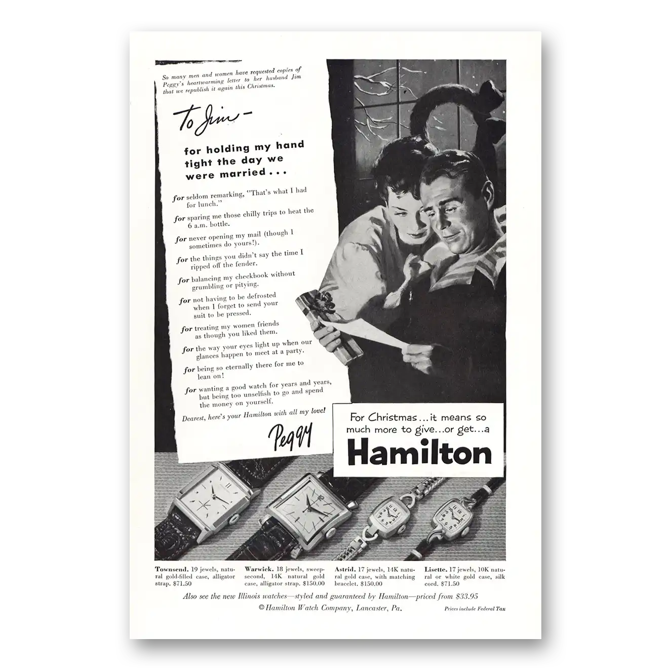 1953 Hamilton Watch To Jim Holding My Hand Vintage Magazine Print Ad