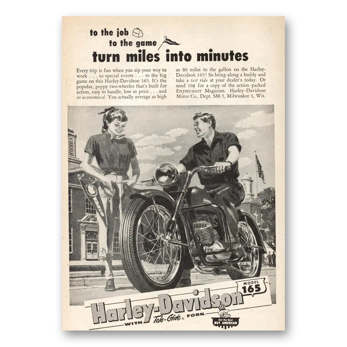 1953 Harley Davidson 165 Turn Miles Into Minutes Vintage Magazine Print Ad