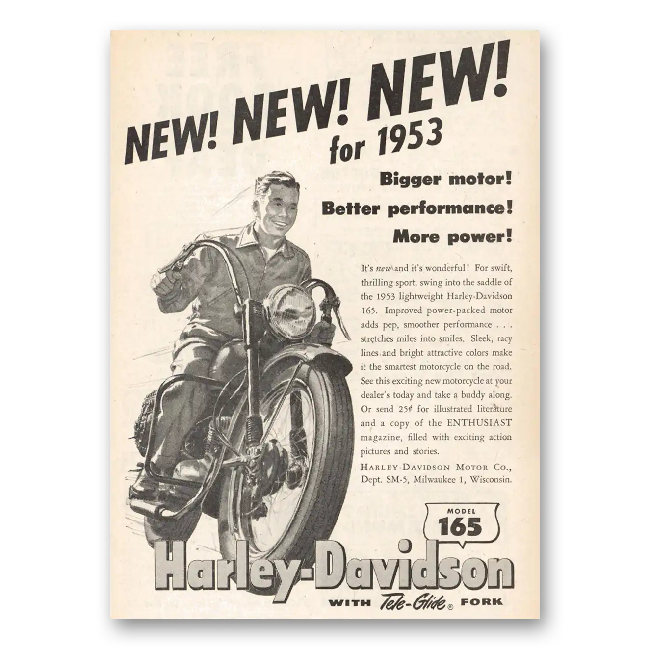 1953 Harley Davidson 165 New Bigger Motor Better Performance Vintage Magazine Print Ad