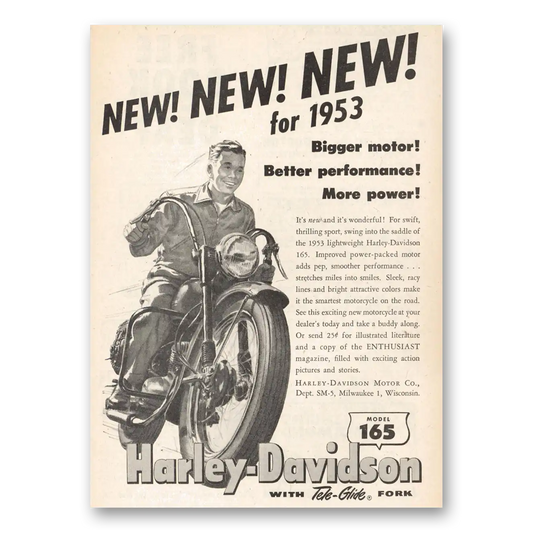 1953 Harley Davidson 165 New Bigger Motor Better Performance Vintage Magazine Print Ad