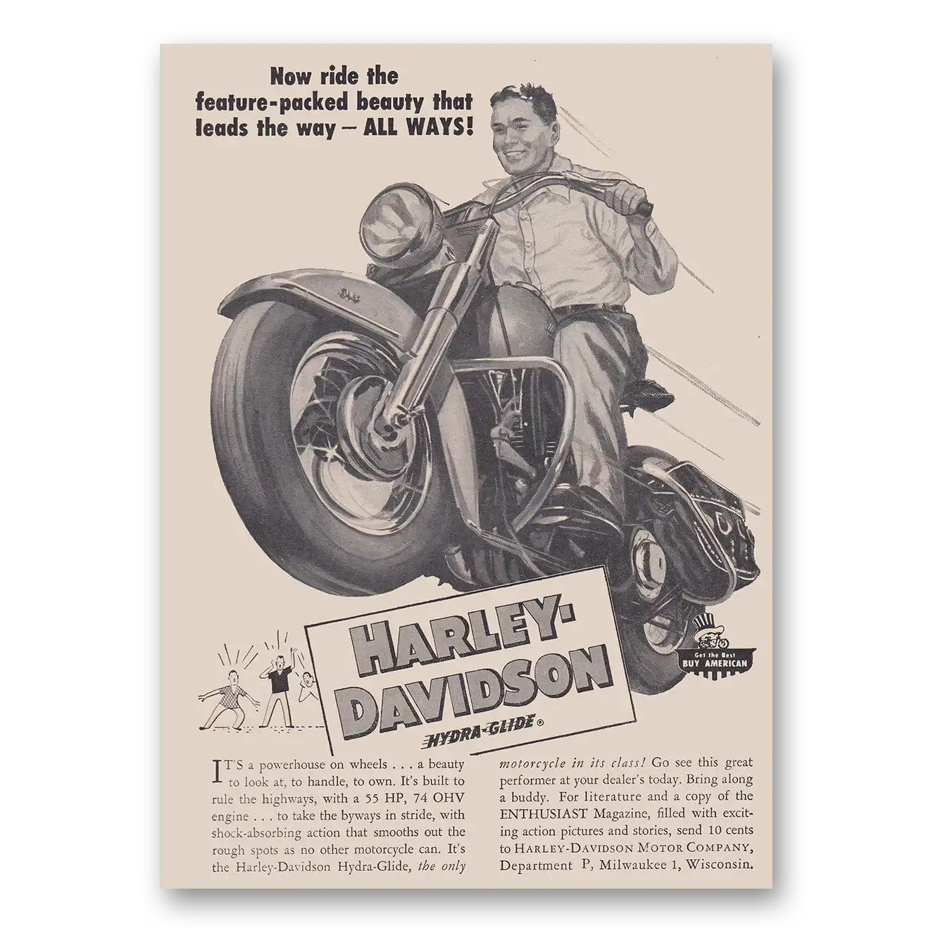 1953 Harley Davidson Hydra Glide Hydra Glide Feature Packed Beauty Vintage Magazine Print Ad