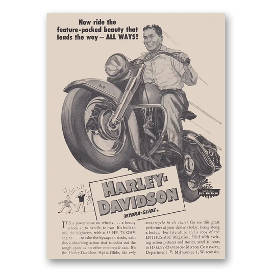 1953 Harley Davidson Hydra Glide Hydra Glide Feature Packed Beauty Vintage Magazine Print Ad