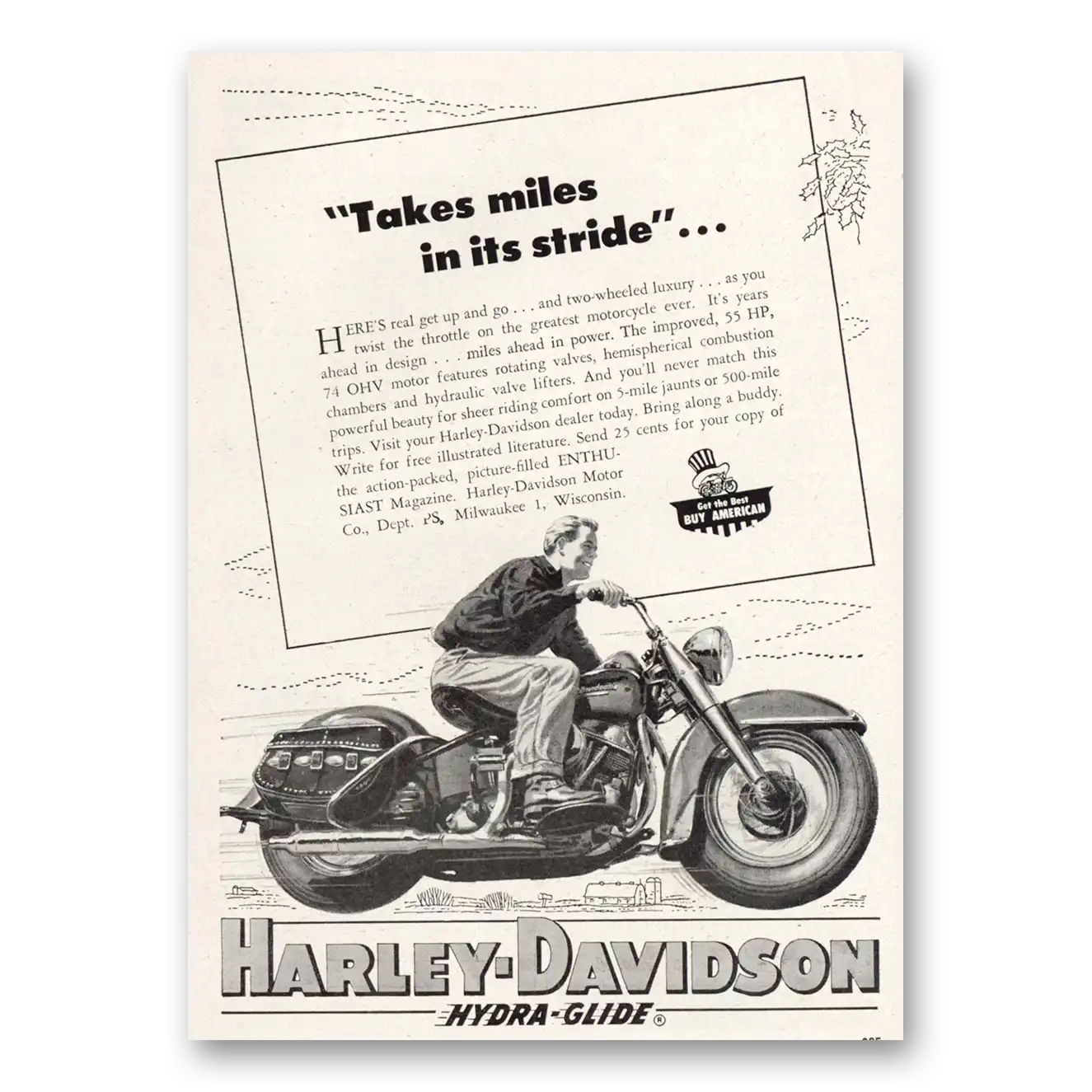 1953 Harley Davidson Takes Miles In Its Strides Vintage Magazine Print Ad