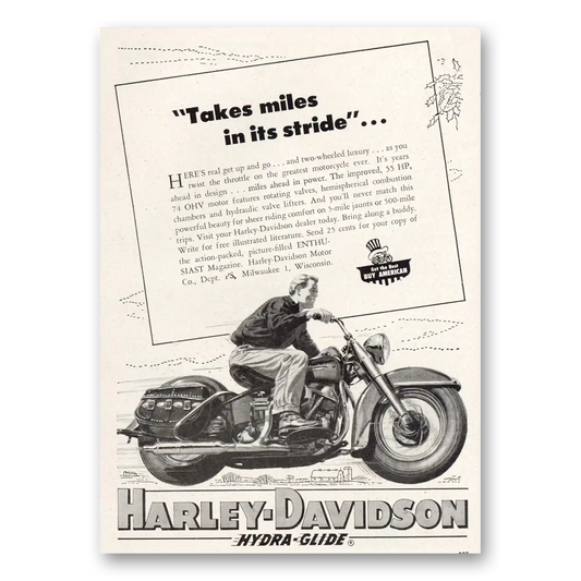 1953 Harley Davidson Takes Miles In Its Strides Vintage Magazine Print Ad