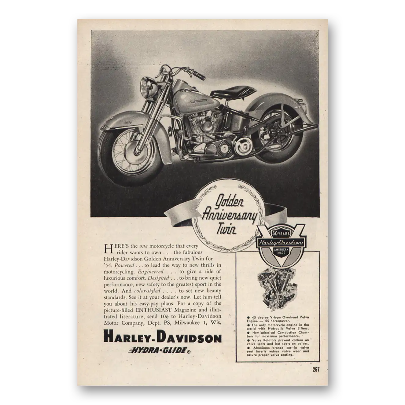 1953 Harley Davidson Hydra Glide Golden Anniversary Twin Vintage Magazine Print Ad