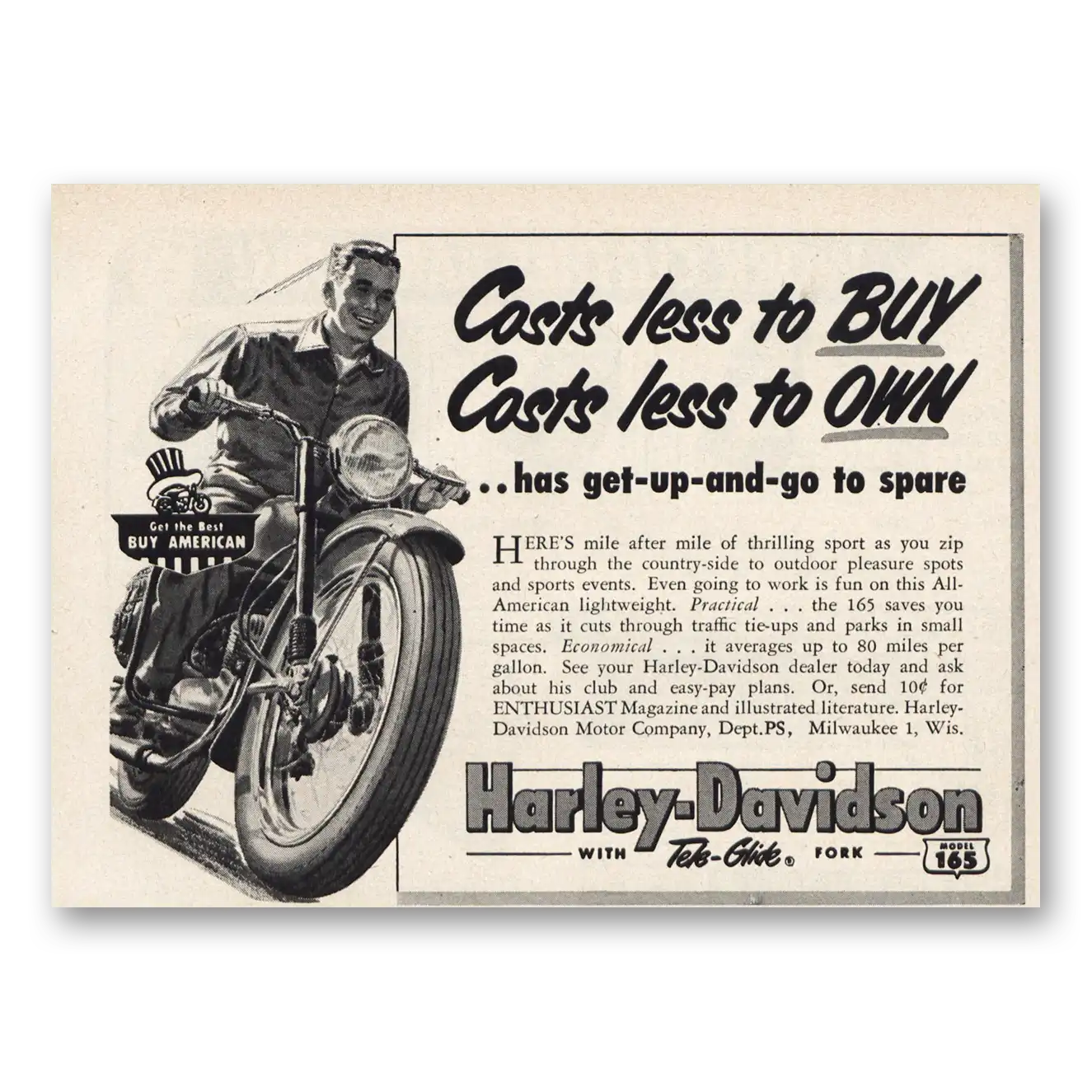 1953 Harley Davidson 165 Costs Less to Buy Costs Less to Own Vintage Magazine Print Ad