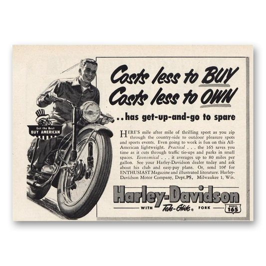 1953 Harley Davidson 165 Costs Less to Buy Costs Less to Own Vintage Magazine Print Ad