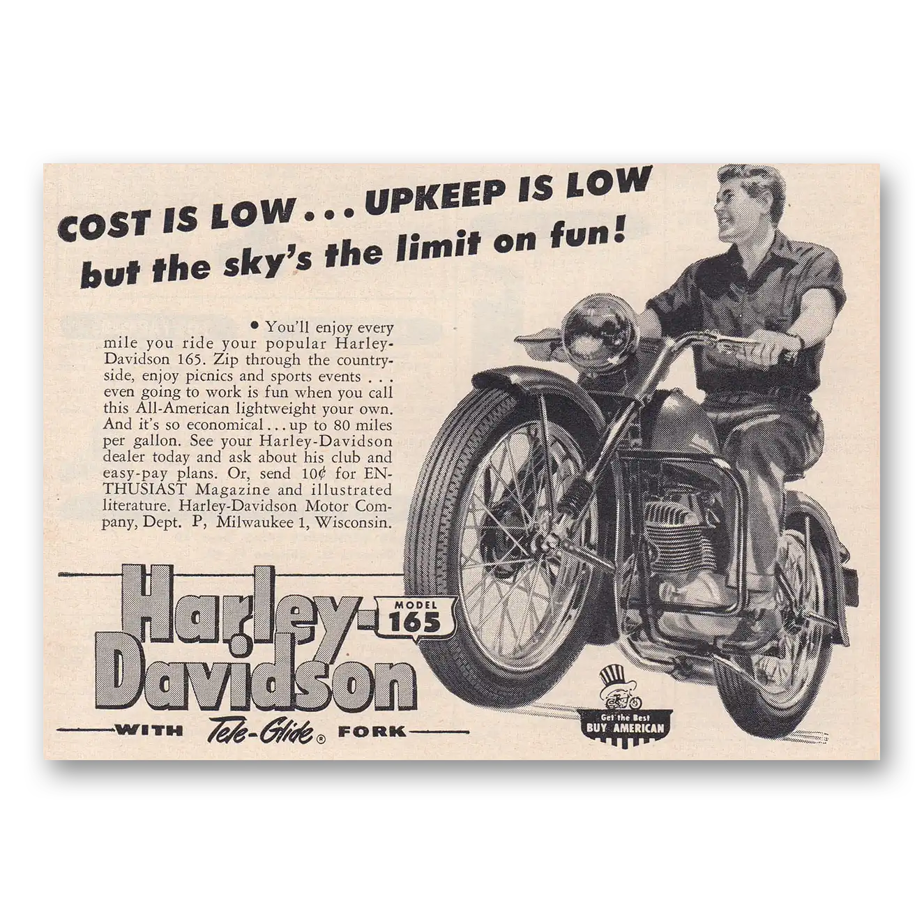 1953 Harley Davidson 165 Cost Is Low Upkeep Is Low Vintage Magazine Print Ad