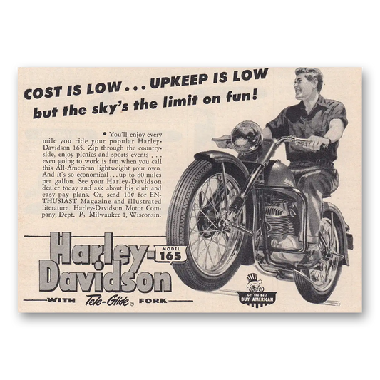 1953 Harley Davidson 165 Cost Is Low Upkeep Is Low Vintage Magazine Print Ad