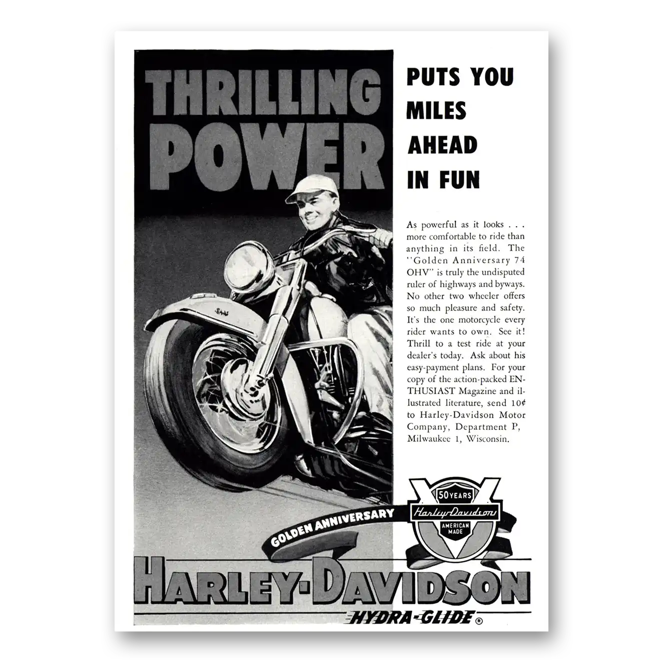 1953 Harley Davidson Thrilling Power Puts You Miles Ahead of Fun Vintage Magazine Print Ad