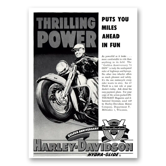 1953 Harley Davidson Thrilling Power Puts You Miles Ahead of Fun Vintage Magazine Print Ad