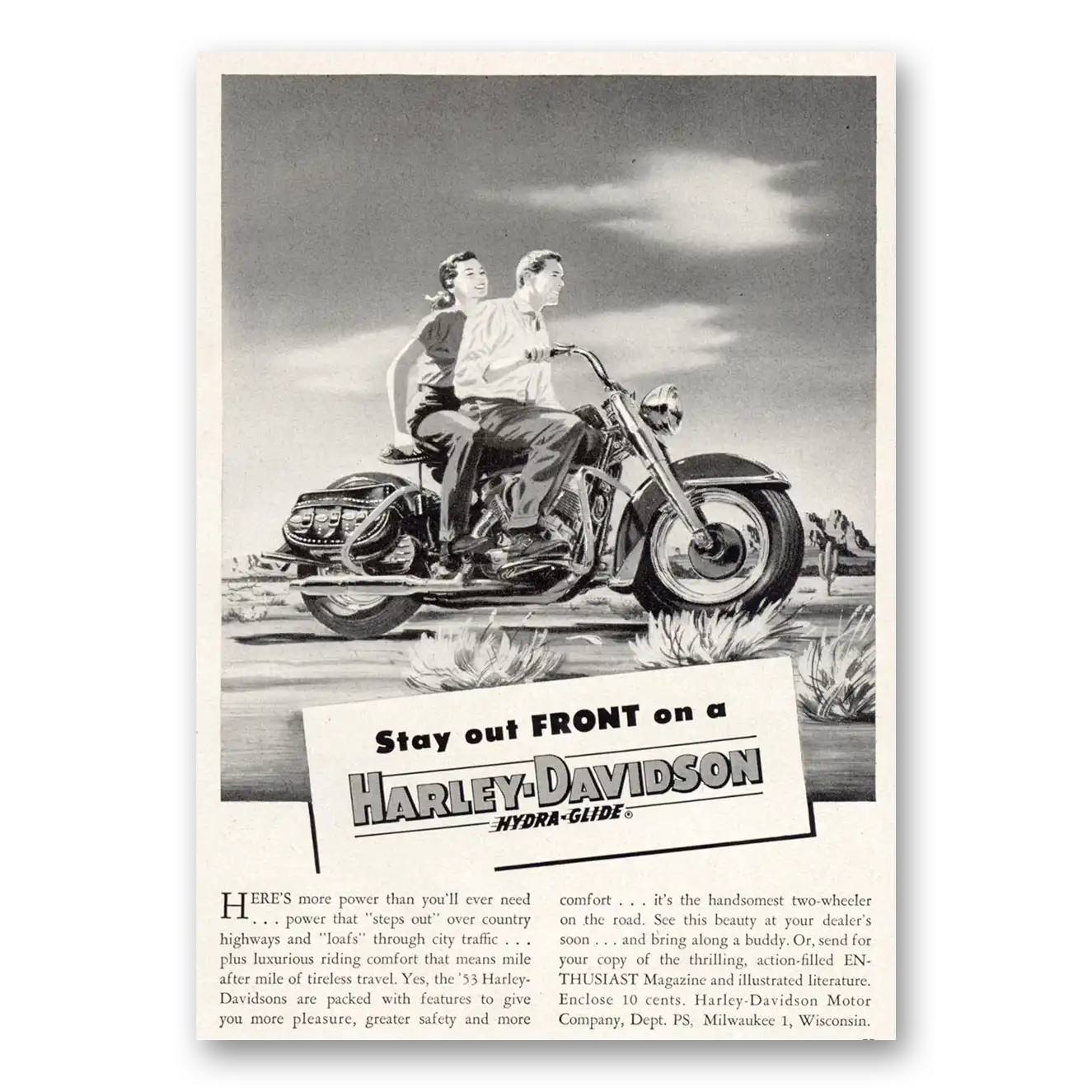 1953 Harley Davidson Stay Out Front Vintage Magazine Print Ad